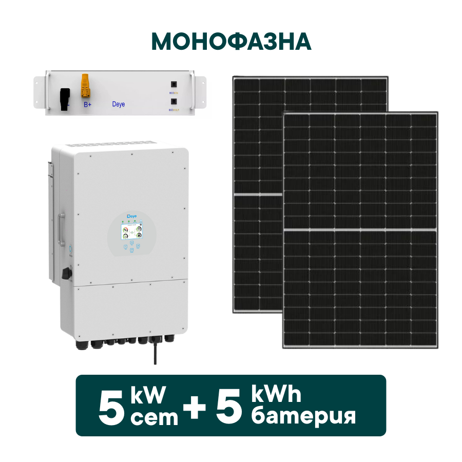 5kW Хибриден монофазен соларен сет + 5kWh батерия + Инвертор (вкл. конструкция и монтаж)